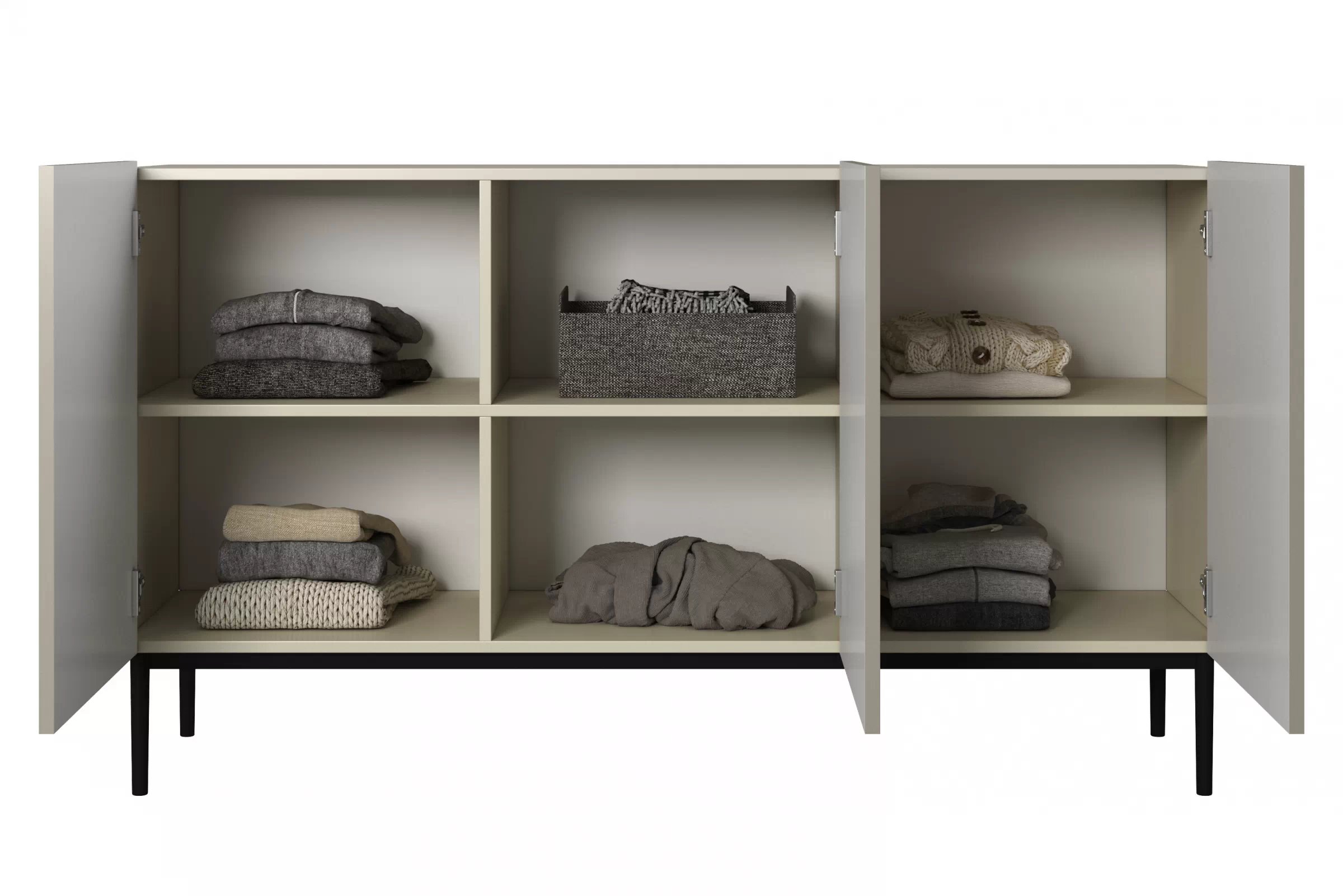 Komoda Nicole 150 cm s drážkovanými dvířky - kašmír / černé nohy Komoda Nicole 150 cm s frézovanou přední částí - kašmír / černá nozki