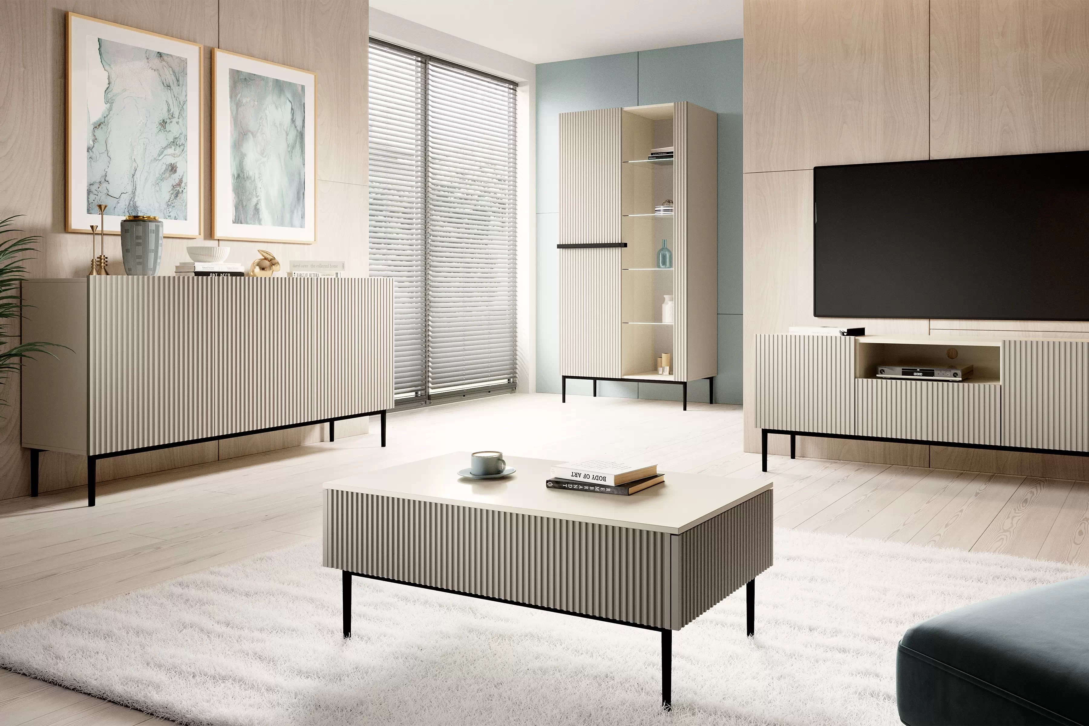 Komoda Nicole 150 cm s drážkovanými dvířky - kašmír / černé nohy Komoda Nicole 150 cm s frézovanou přední částí i metalowymi nogami - kašmír / černá nozki