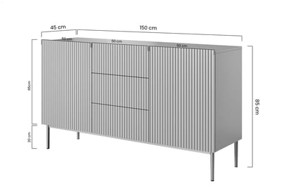 Komoda Nicole 150 cm s 3 zásuvky a 2 dvířka - bílý mat / černé nožky Komoda Nicole 150 cm se zásuvkami i metalowymi nogami - bílý mat / černá nozki