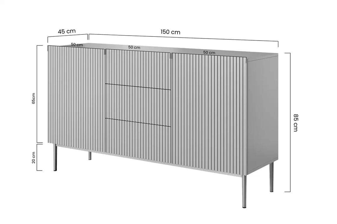 Komoda Nicole 150 cm s 3 zásuvky a 2 dvířka - bílý mat / černé nožky Komoda Nicole 150 cm se zásuvkami i metalowymi nogami - bílý mat / černá nozki