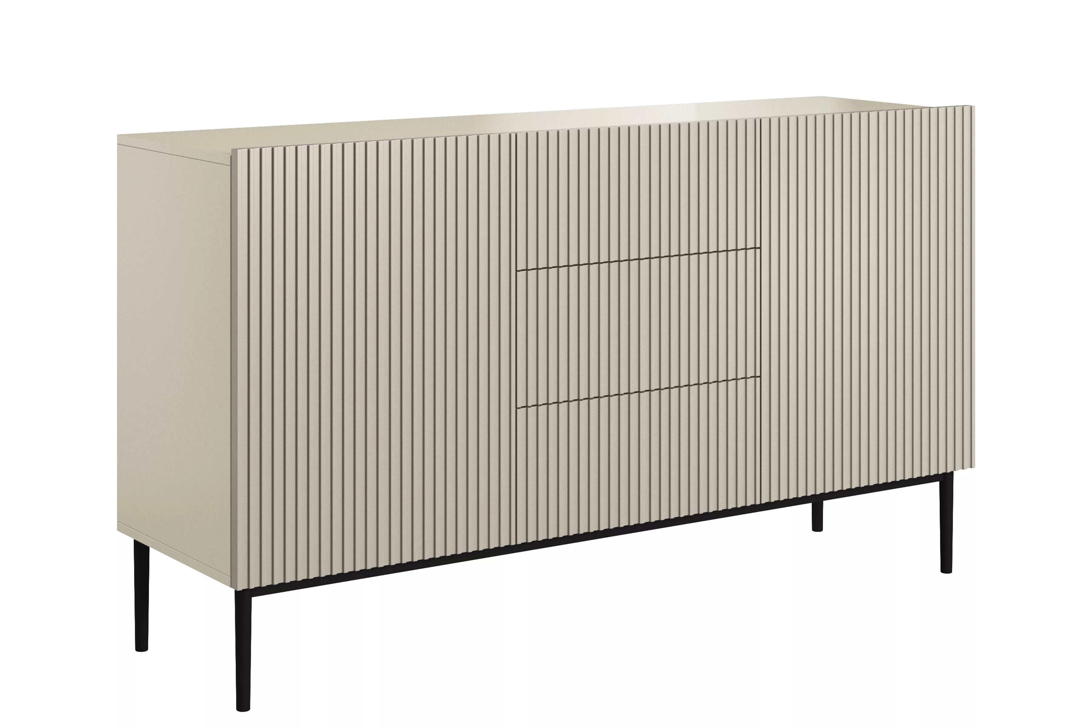 Moderní komoda Nicole 150 cm s šuplíky a ryhovaným čelem - kašmír / černé nohy Komoda Nicole 150 cm se zásuvkami i ryflowanym frontem - kašmír / černá nozki