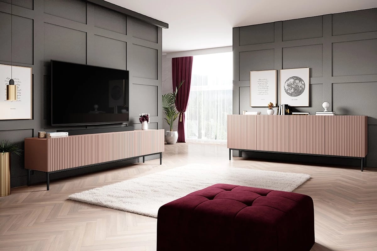 Komoda Nicole 200 cm s kovovými nožičkami - antická ružová / čierne nožičky - Koncovka Série Komoda Nicole 200 cm - staroružová / čierne nožičky - vizualizácia