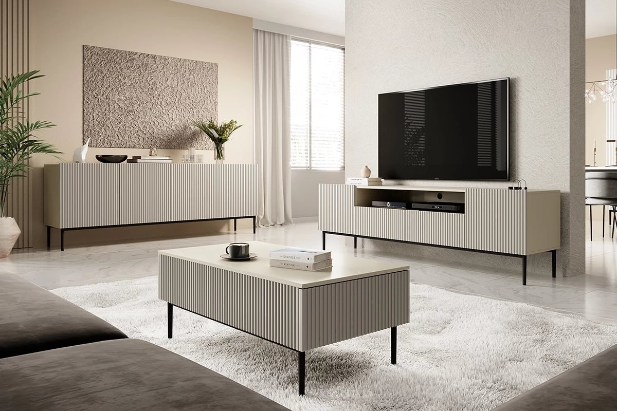 Komoda Nicole 200 cm na kovových nohách - kašmír / černé nohy Komoda s frézovaným čelem