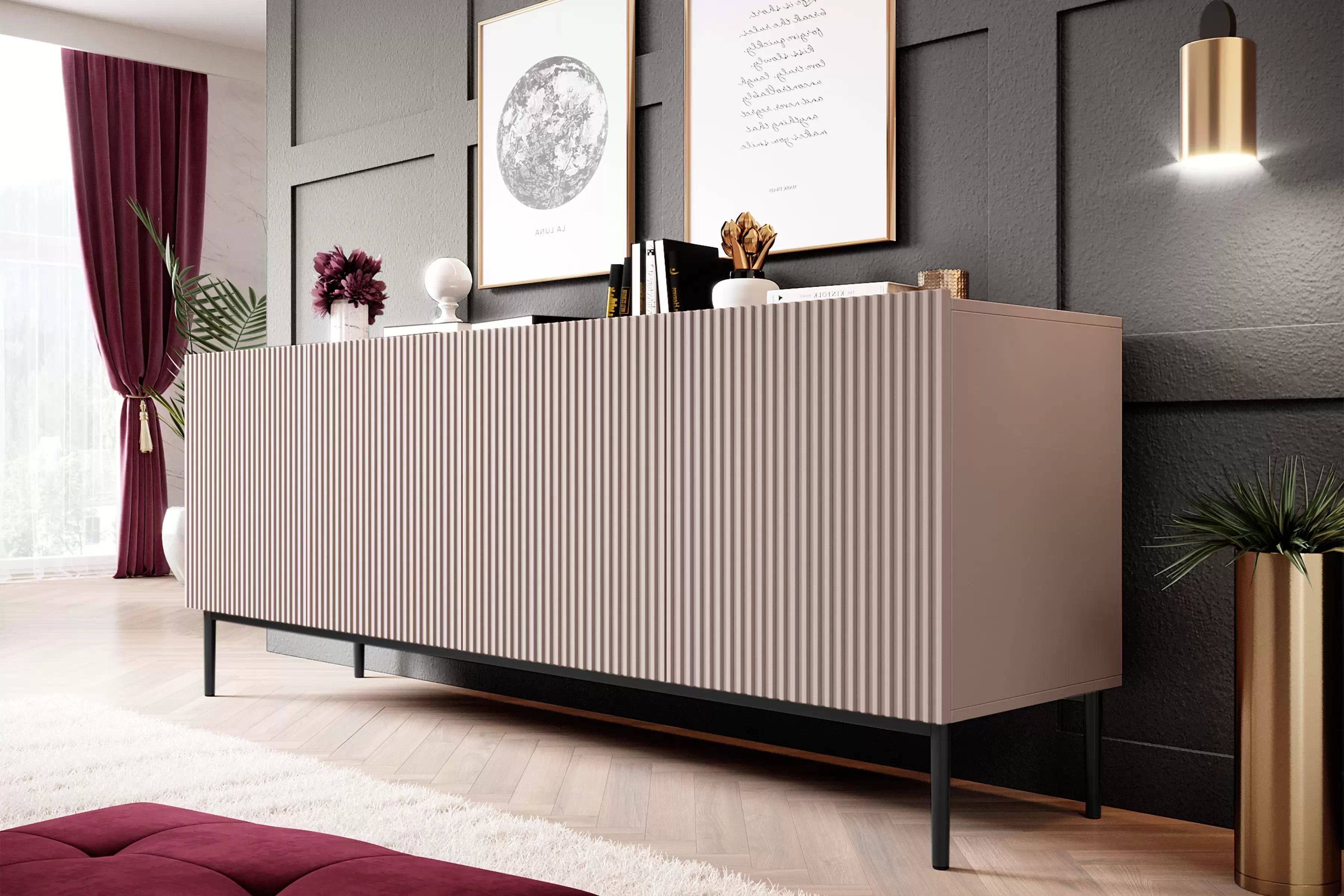 Komoda Nicole 200 cm s kovovými nožičkami - antická ružová / čierne nožičky - Koncovka Série Komoda Nicole 200 cm s frézovaným frontom i metalowymi nogami - antický Ružová / čierny nozki