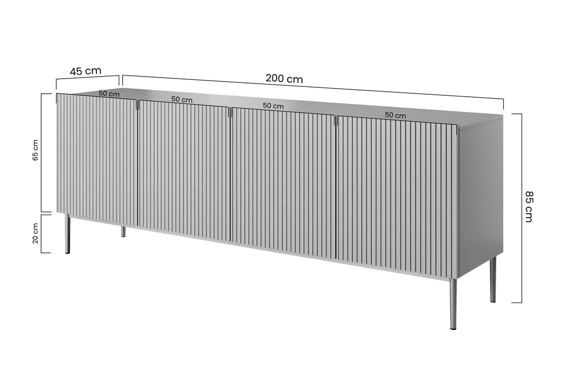 Komoda Nicole 200 cm s kovovými nohami - matná čierna / čierne nohy Komoda Nicole 200 cm s frézovaným frontom i metalowymi nogami- Čierny mat / čierny nozki