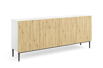 Moderní komoda Nicole 200 cm čtyřdveřová - bílá / dub artisan / černé nožky