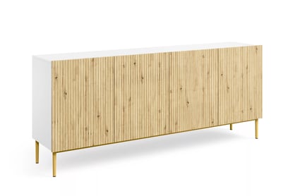Komoda Nicole 200 cm čtyřdveřová - bílá / dub artisan / zlote nozki