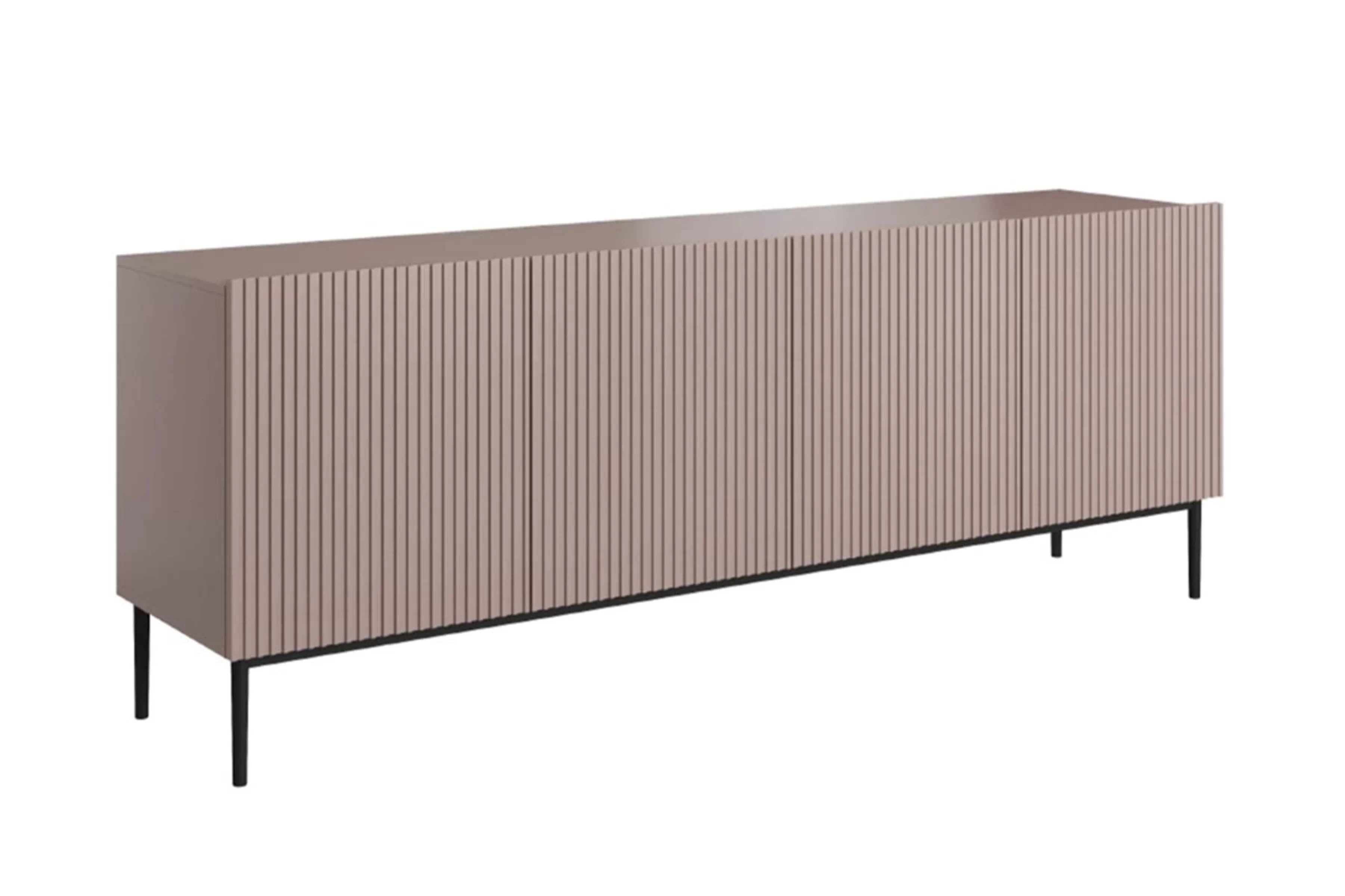 Antická ružová komoda Nicole 200 cm so štyrmi dverami a ryhovaným čelom - čierne nožičky Komoda Nicole 200 cm štvordverová s frézovaným frontom - antický Ružová / čierny nozki - Limitowana ponuka