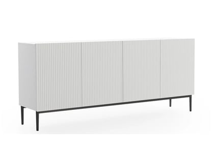Moderní komoda Nicole 200 cm se čtyřmi dveřmi a ryhovaným čelem - bílý mat / černé nohy
