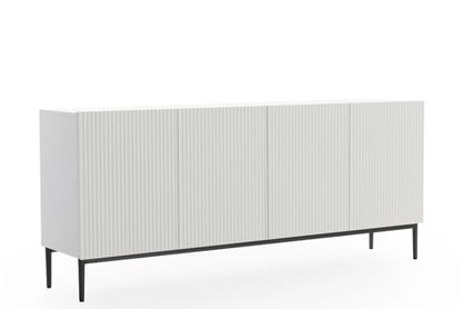 Moderní komoda Nicole 200 cm se čtyřmi dveřmi a ryhovaným čelem - bílý mat / černé nohy