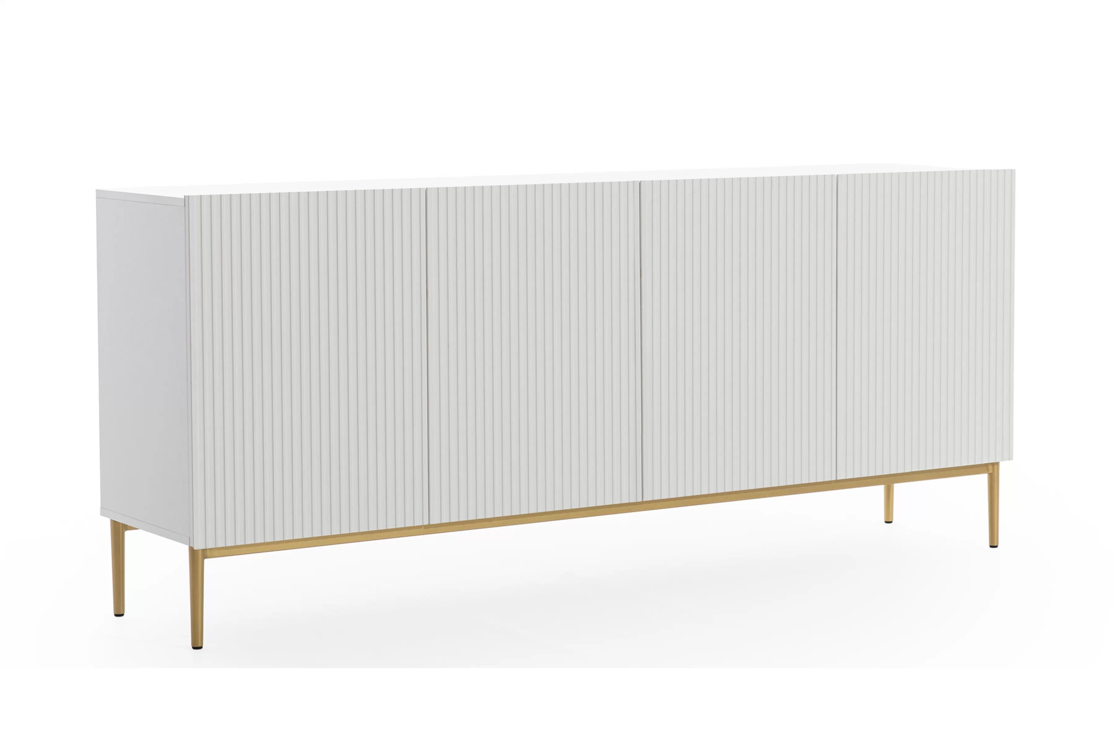 Biela komoda Nicole 200 cm so štyrmi dverami a ryhovaným čelom - matný biely / zlaté nohy Komoda Nicole 200 cm štvordverová s frézovaným frontom - biely mat / zlote nozki
