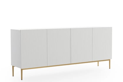 Moderní komoda Nicole 200 cm čtyřdveřová s ryhovaným čelem - bílý mat / zlaté nožky