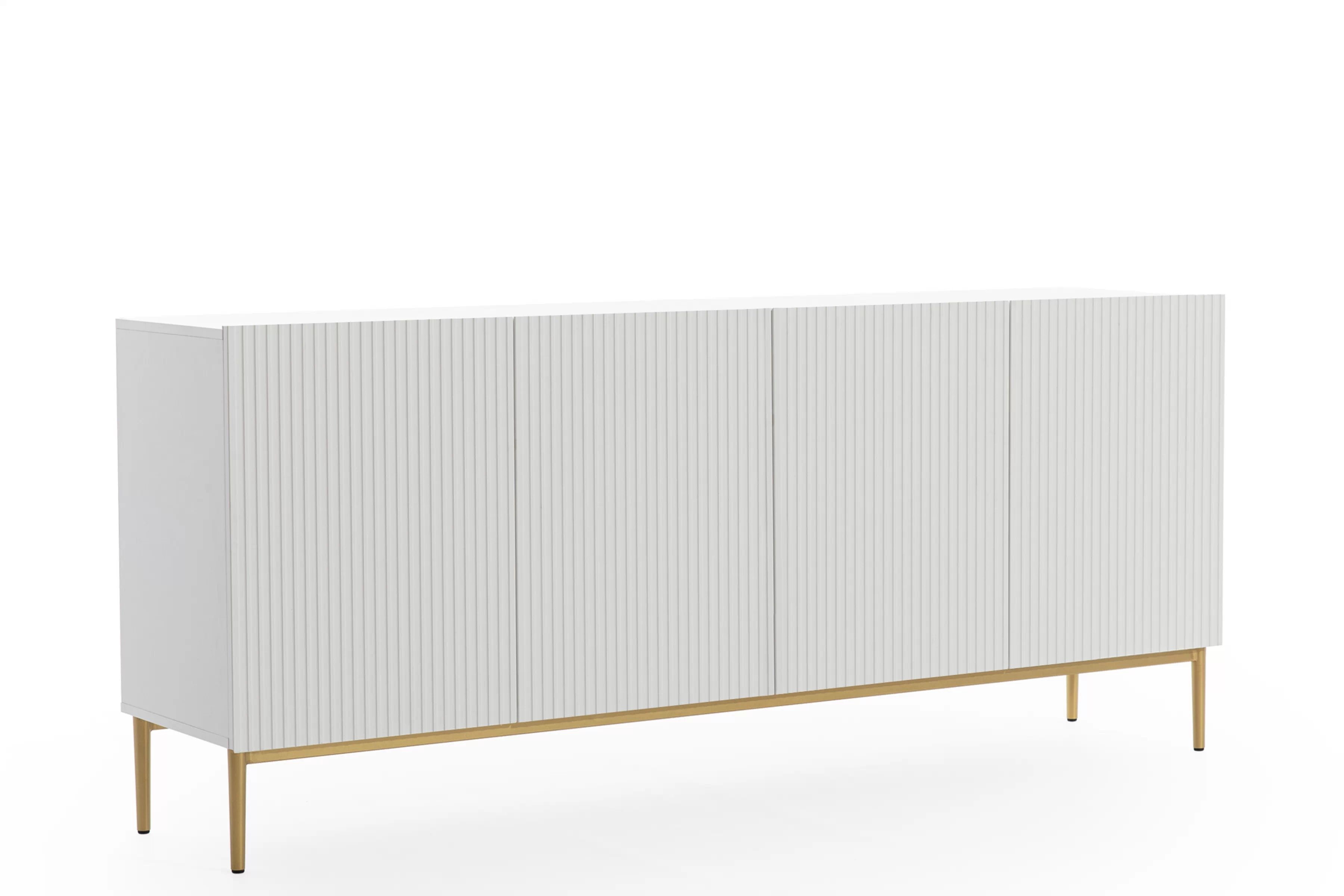 Biela komoda Nicole 200 cm so štyrmi dverami a ryhovaným čelom - matný biely / zlaté nohy Komoda Nicole 200 cm štvordverová s frézovaným frontom - biely mat / zlote nozki