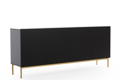 Moderní komoda Nicole 200 cm čtyřdveřová s ryhovaným čelem - černý mat / zlaté nohy Komoda Nicole 200 cm čtyřdveřová s frézovanou přední částí - černá mat / zlote nozki