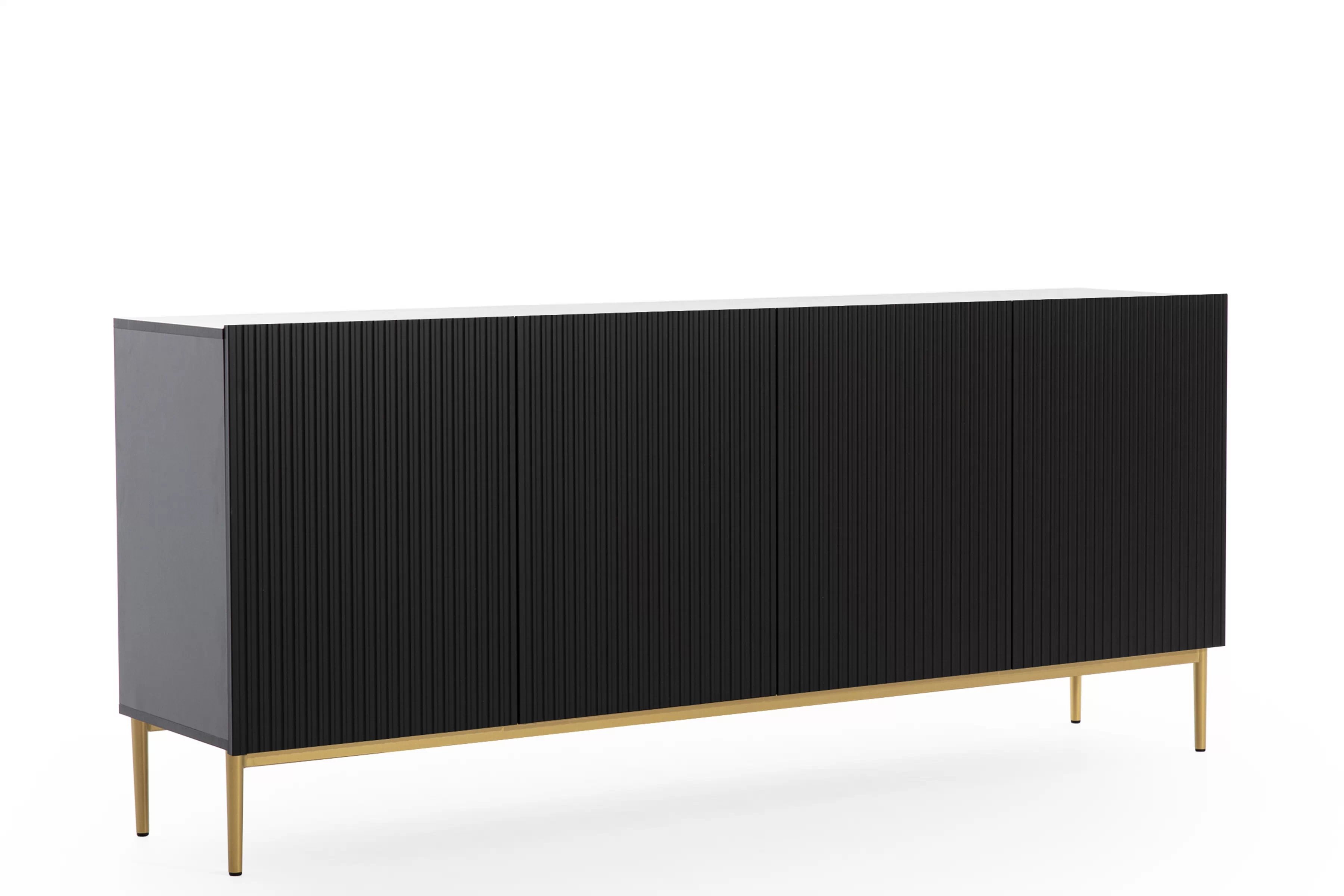 Moderní komoda Nicole 200 cm čtyřdveřová s ryhovaným čelem - černý mat / zlaté nohy Komoda Nicole 200 cm čtyřdveřová s frézovanou přední částí - černá mat / zlote nozki