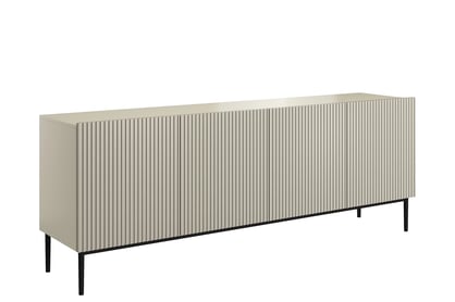 Moderní komoda Nicole 200 cm se čtyřmi dveřmi a ryhovaným čelem - kašmír / černé nohy