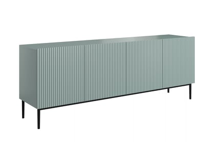 Moderní komoda Nicole 200 cm čtyřdveřová s ryhovaným čelem - šalvěj / černé nožky