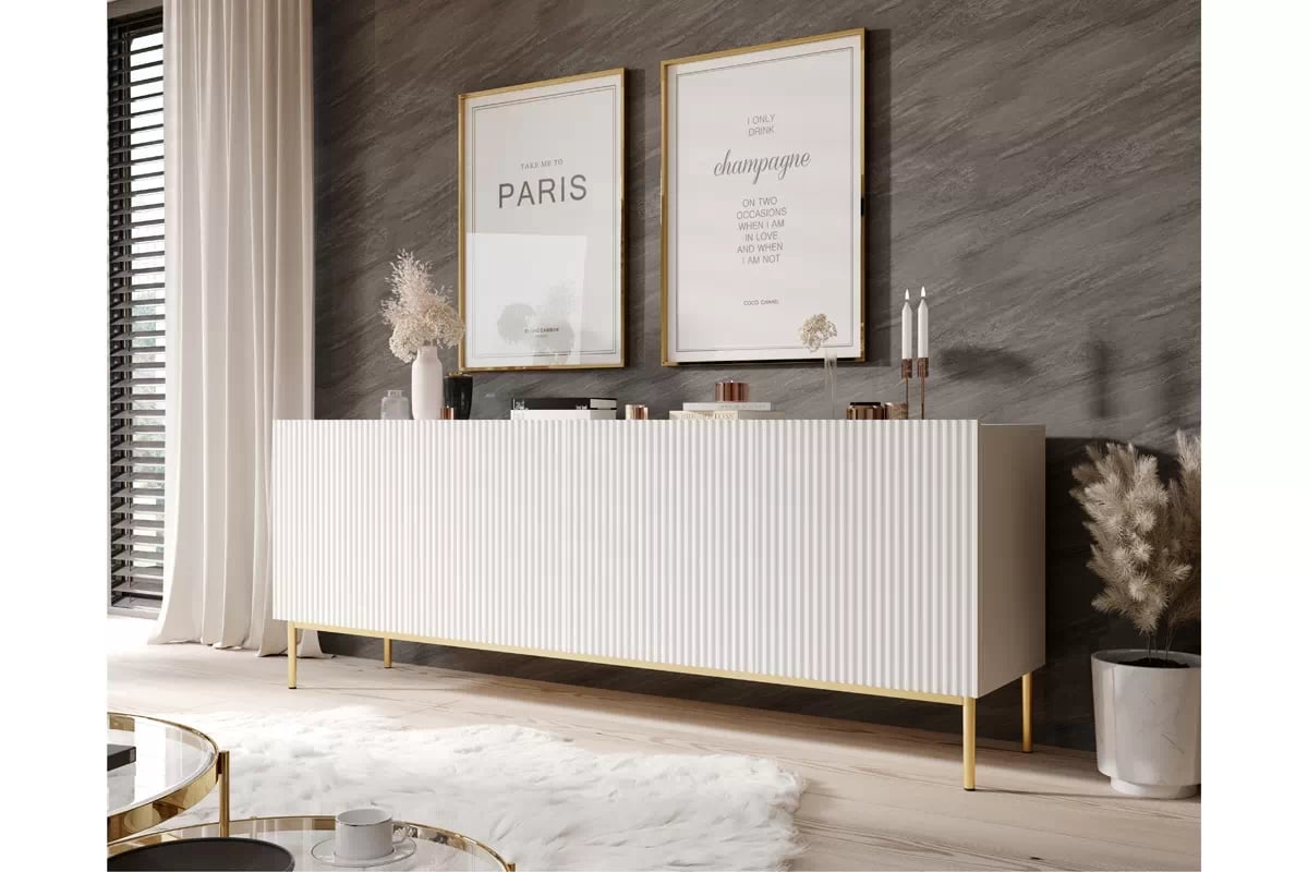 Komoda Nicole 200 cm na kovových nohách - bílý mat / zlaté nohy Komoda Nicole 200 cm na kovových nohách - bílý mat / zlote nozki