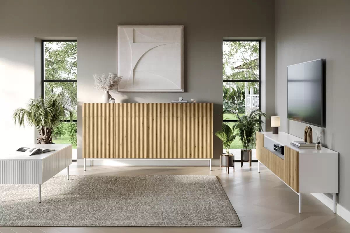 Komoda Nicole 200 cm so štyrmi zásuvkami - biela / dub artisan / biele nožičky - Koncovka série Komoda Nicole 200 cm so štyrmi zásuvkami - biela / dub artisan / biele nožičky - vizualizácia 1