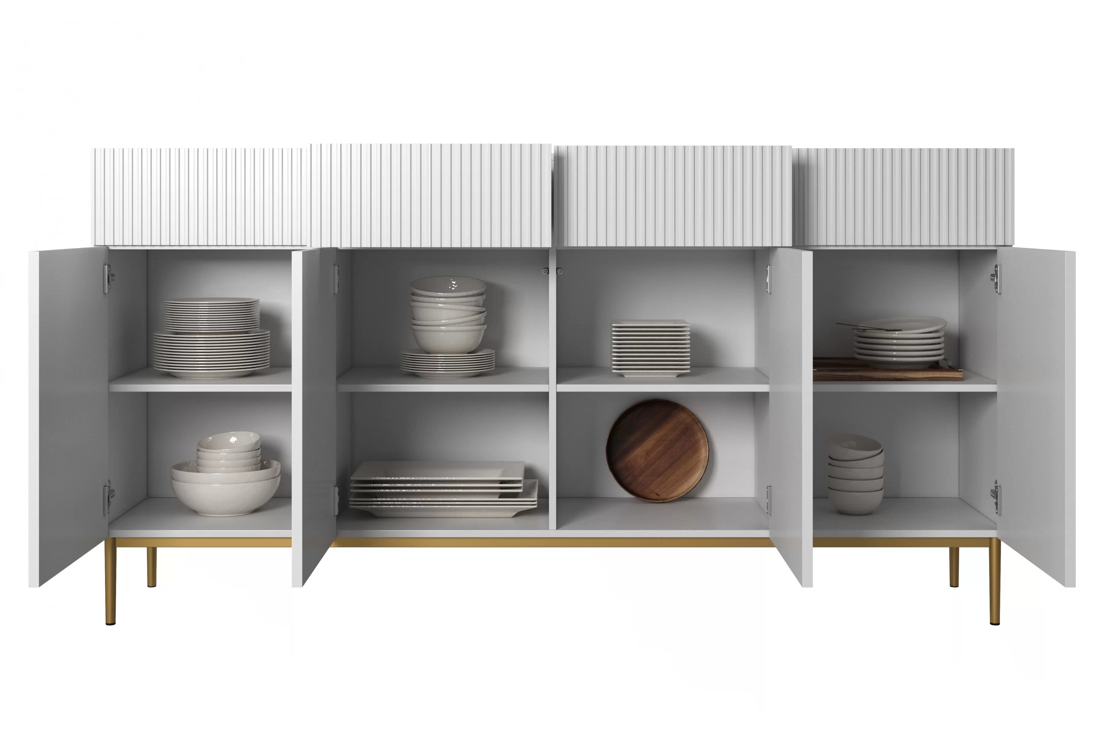 Komoda Nicole 200 cm so 4 zásuvkami - biely mat / zlatá Komoda Nicole 200 cm so štyrmi zásuvkami na kovových nohách- biely mat / zlote nozki