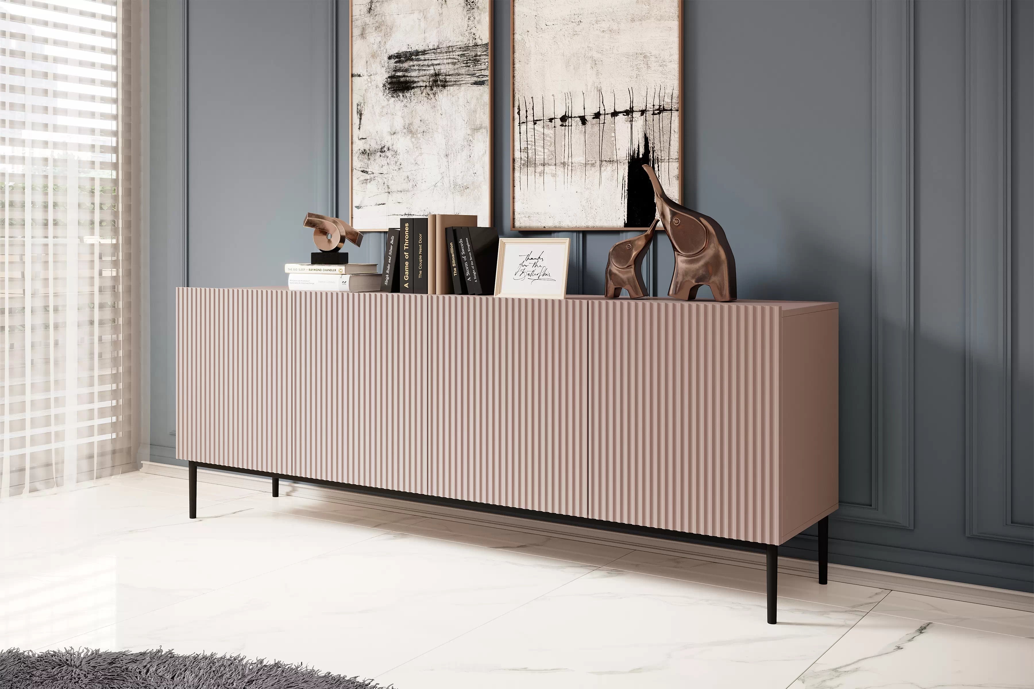 Komoda Nicole 200 cm s kovovými nožičkami - antická ružová / čierne nožičky - Koncovka Série Komoda Nicole 200 cm s frézovaným frontom i metalowymi nogami - antický Ružová / čierny nozki