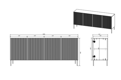 Komoda Nicole 200 cm s frézovaným frontom i metalowymi nogami- szalwia / čierny nozki - Koncovka Série Komoda Nicole 200 cm s frézovaným frontom i metalowymi nogami- szalwia / čierny nozki