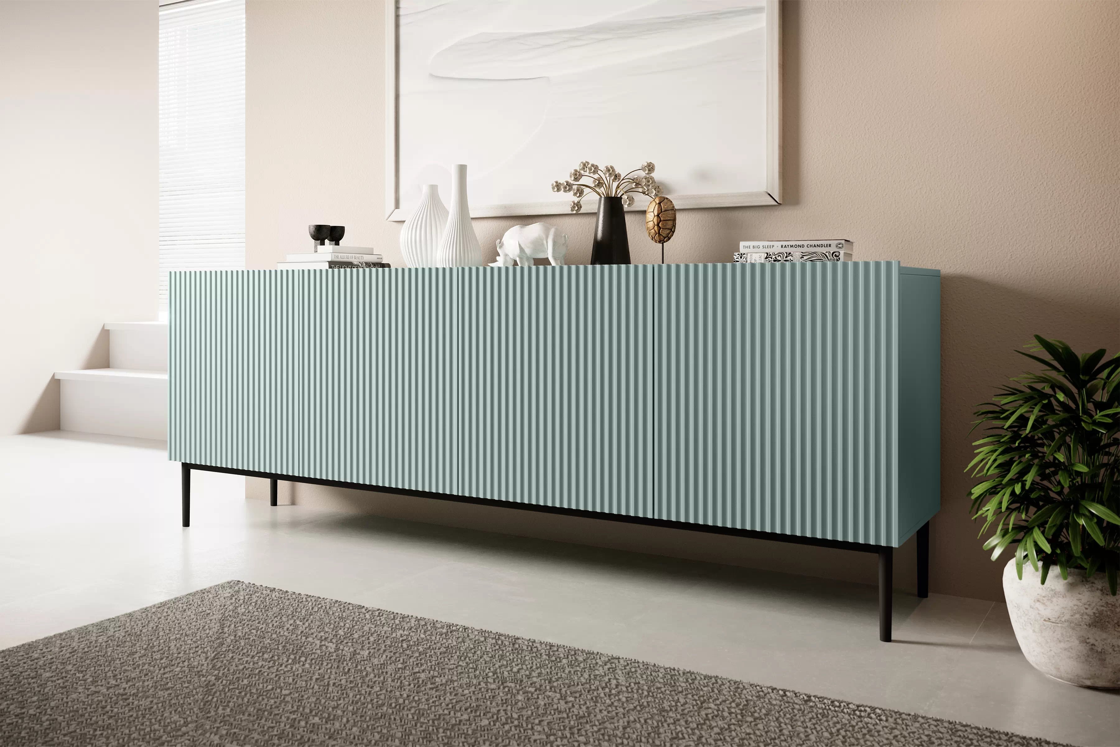 Komoda Nicole 200 cm s frézovaným čelem - šalvěj / černé nožky Komoda Nicole 200 cm s frézovanou přední částí i metalowymi nogami- szalwia / černá nozki