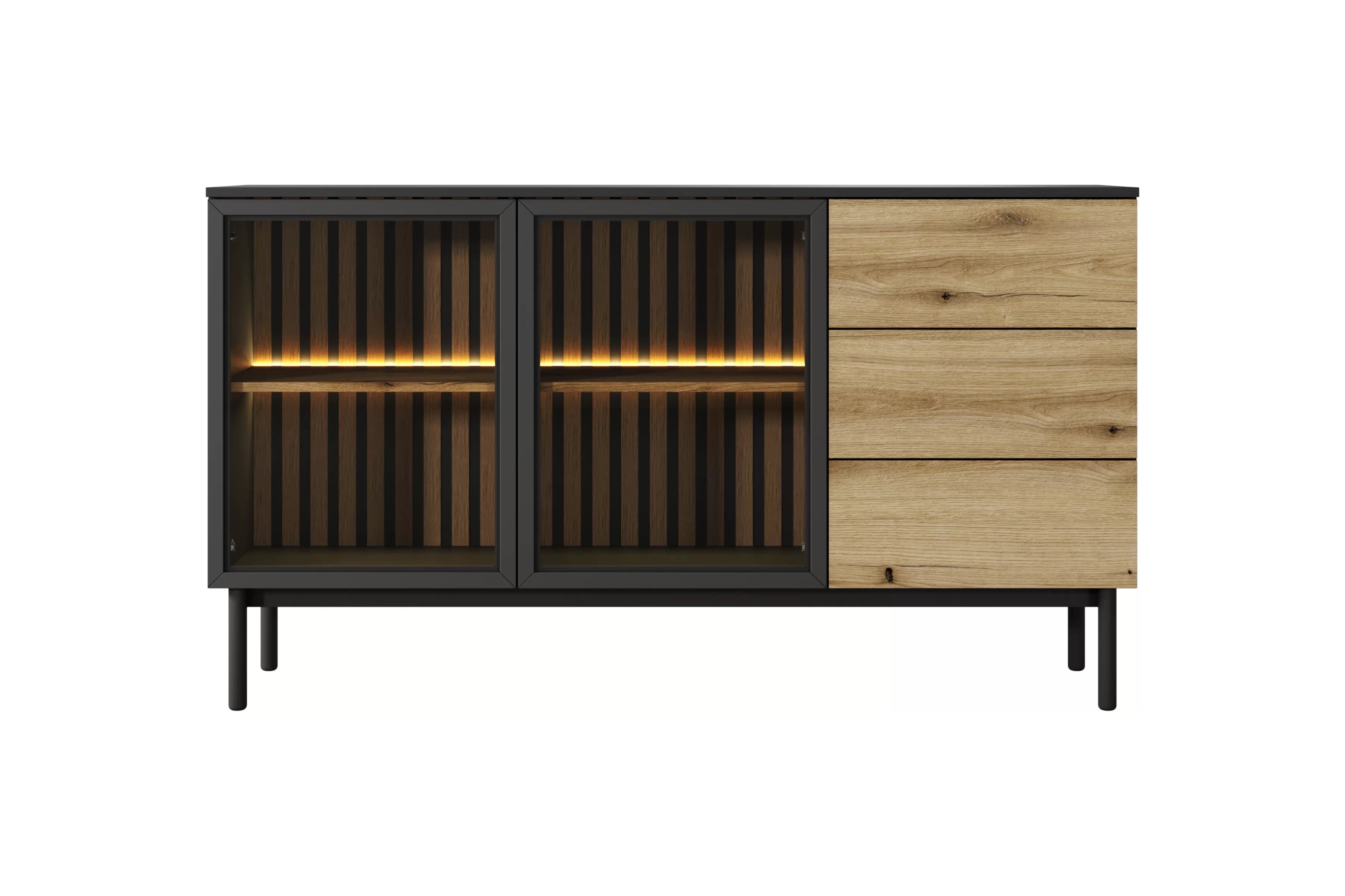 Komoda Noro 150 cm se zásuvkami a LED osvětlením - dub evoke / černá Komoda Noro 150 cm se zásuvkami i oswietleniem LED - dub evoke / černá