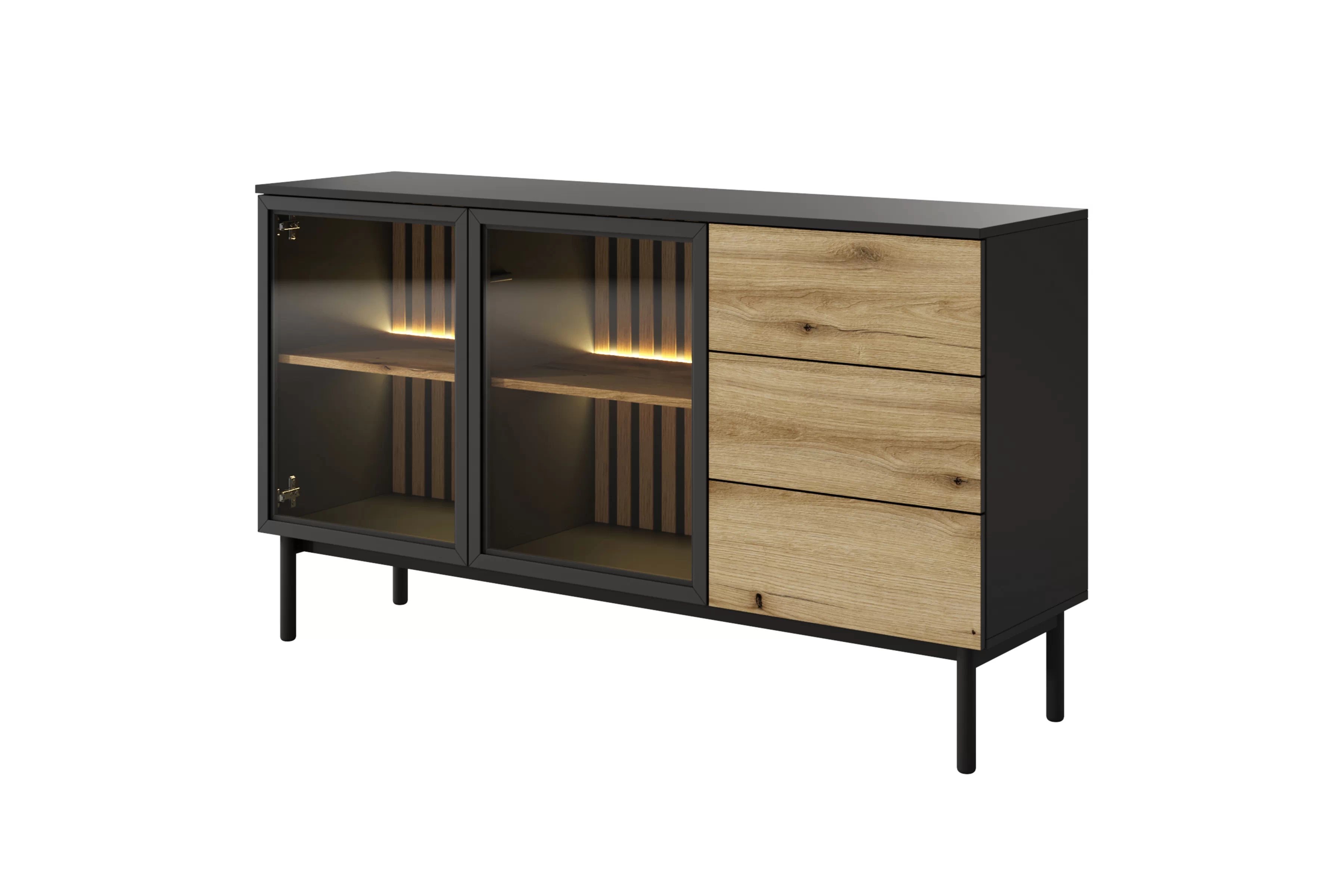 Komoda Noro 150 cm se zásuvkami a LED osvětlením - dub evoke / černá Komoda Noro 150 cm se zásuvkami i oswietleniem LED - dub evoke / černá