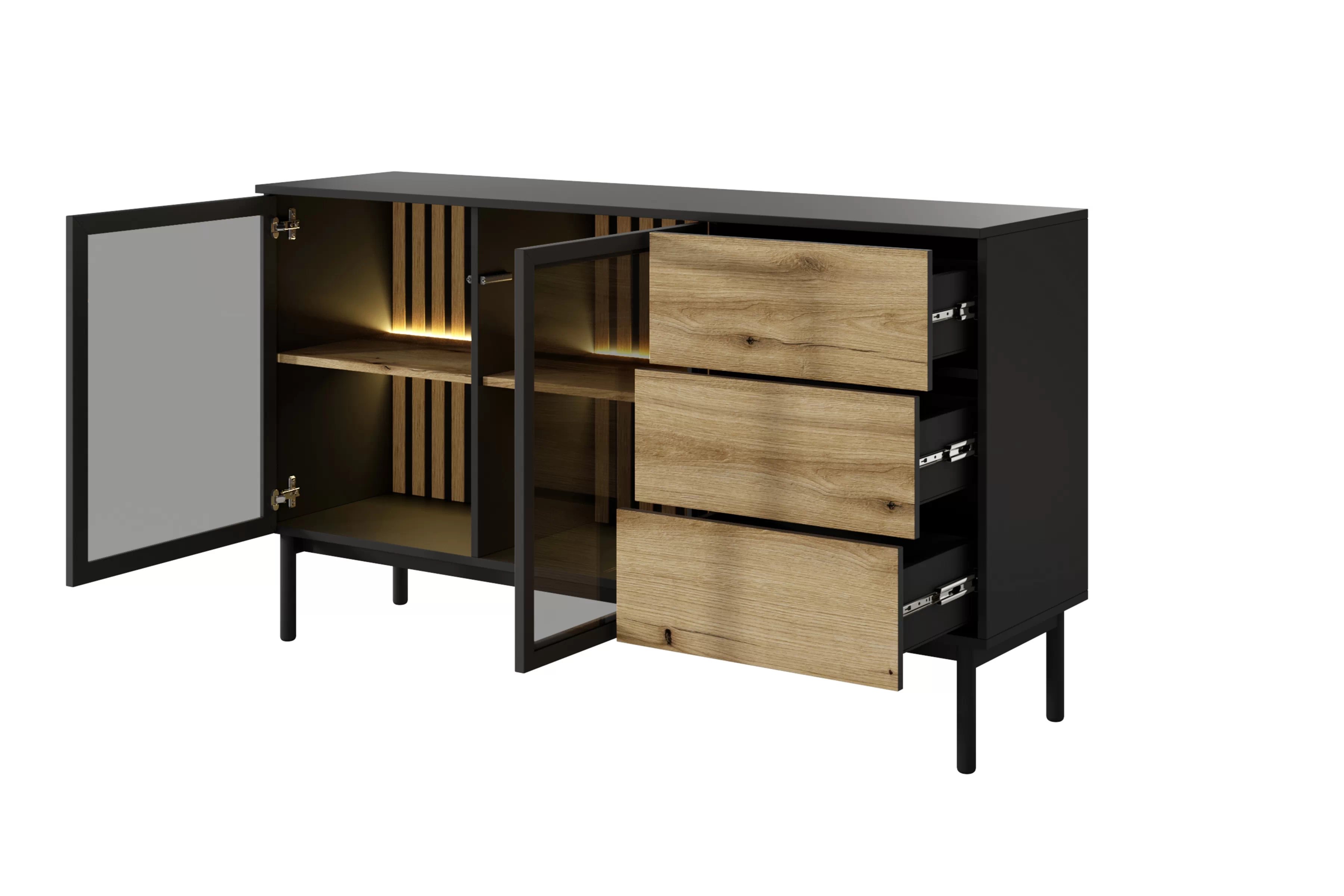 Komoda Noro 150 cm se zásuvkami a LED osvětlením - dub evoke / černá Komoda Noro 150 cm se zásuvkami i oswietleniem LED - dub evoke / černá