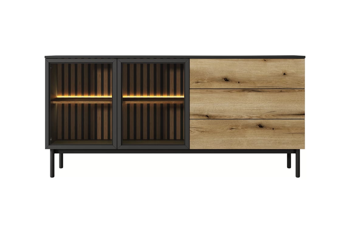 Komoda Noro 180 cm se zásuvkami a LED osvětlením - dub evoke / černá Komoda Noro 180 cm se zásuvkami i oswietleniem LED - dub evoke / černá