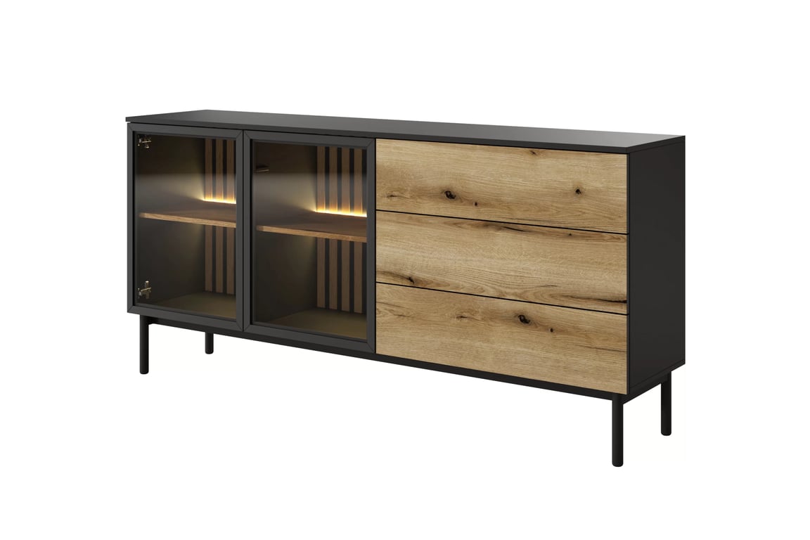 Komoda Noro 180 cm se zásuvkami a LED osvětlením - dub evoke / černá Komoda Noro 180 cm se zásuvkami i oswietleniem LED - dub evoke / černá
