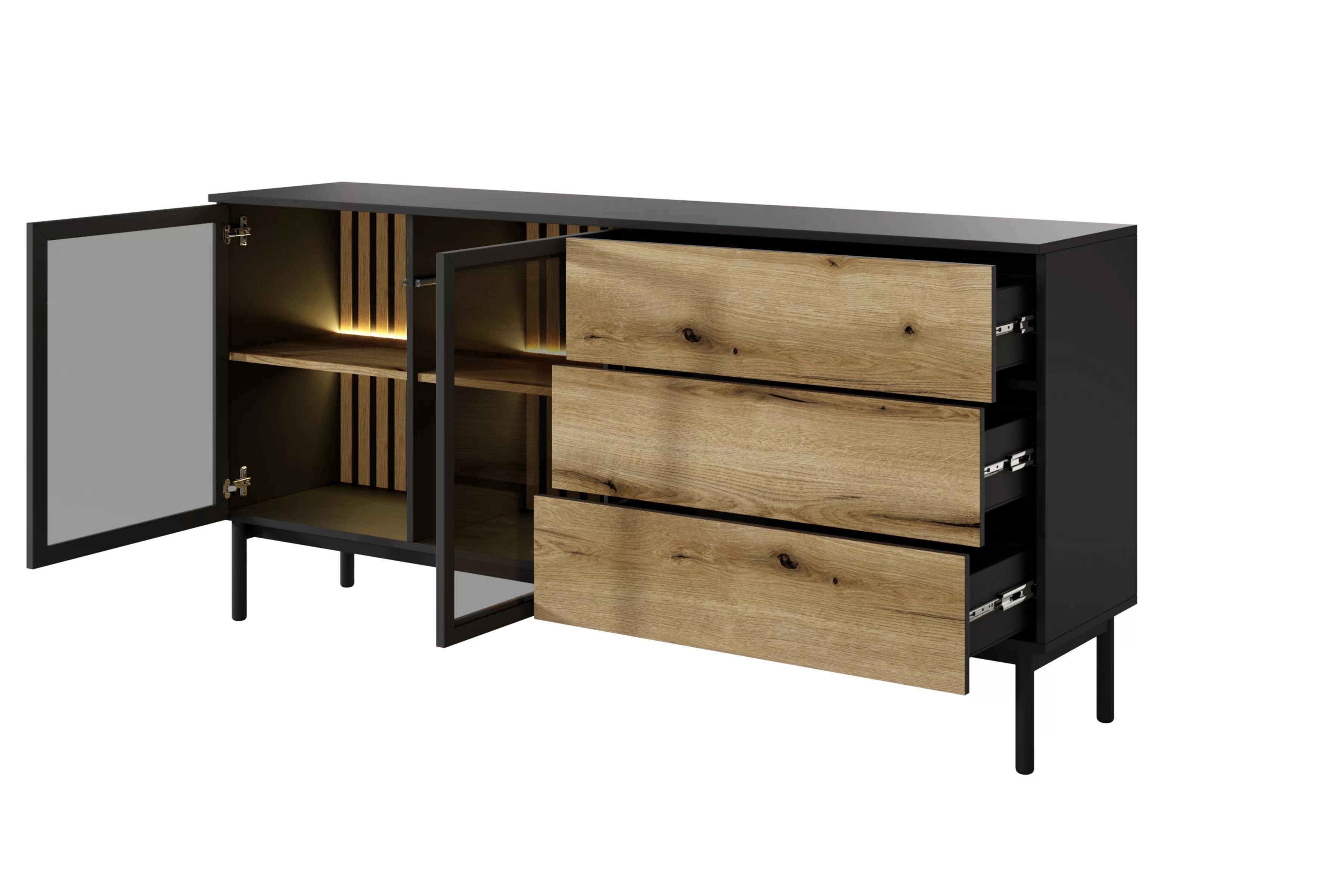 Komoda Noro 180 cm se zásuvkami a LED osvětlením - dub evoke / černá Komoda Noro 180 cm se zásuvkami i oswietleniem LED - dub evoke / černá