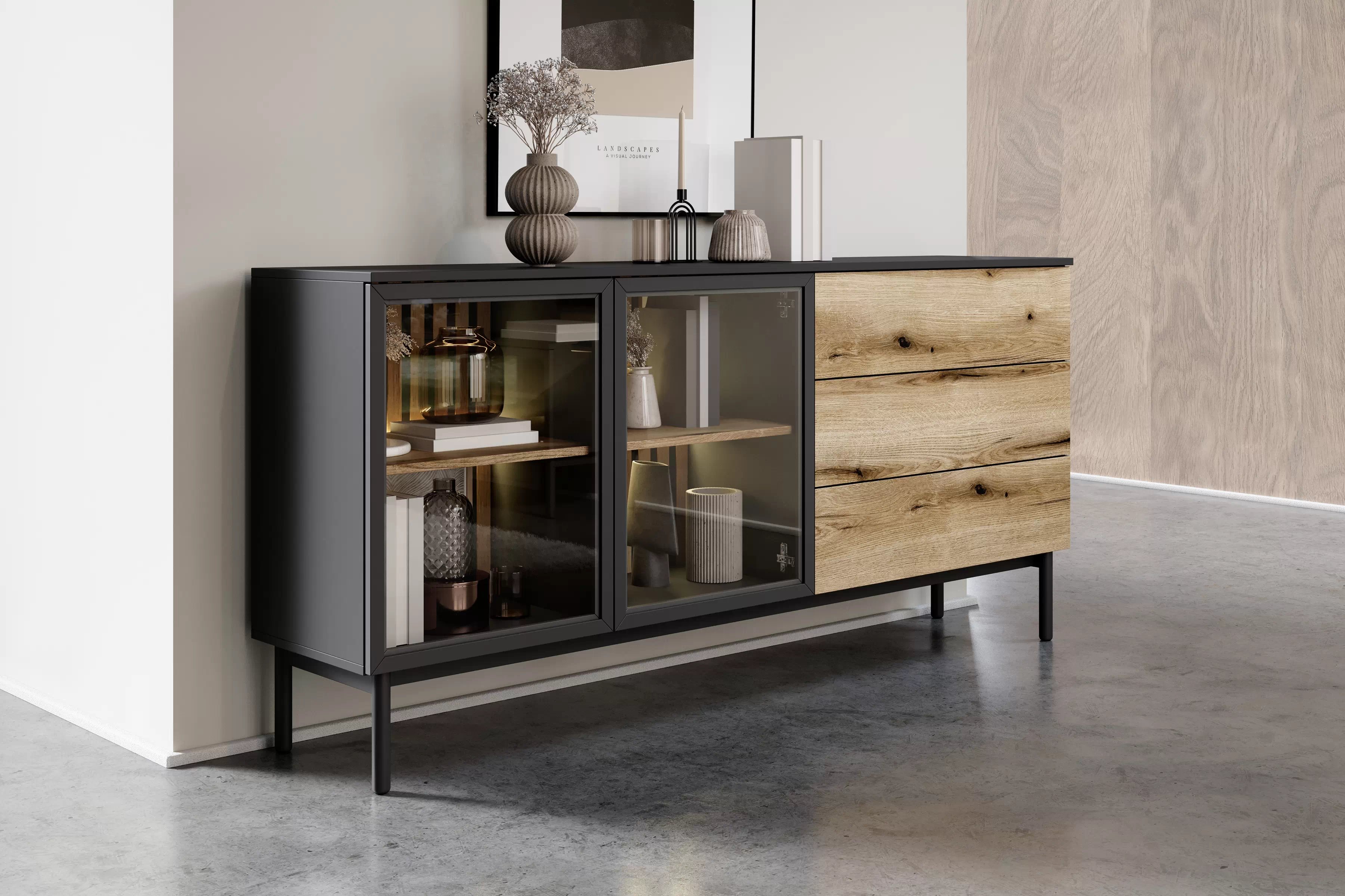 Komoda Noro 180 cm se zásuvkami a LED osvětlením - dub evoke / černá Komoda Noro 180 cm se zásuvkami i oswietleniem LED - dub evoke / černá