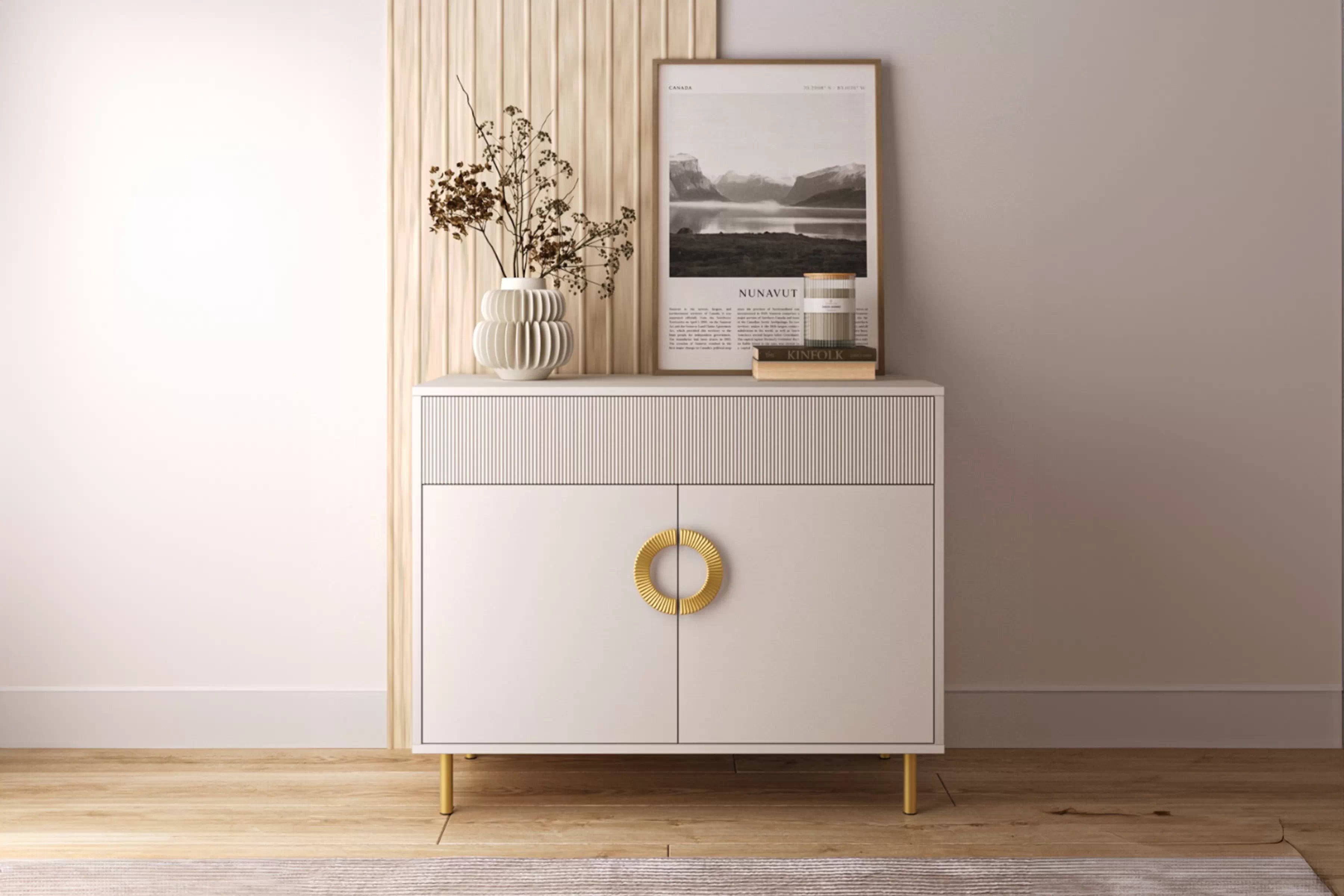 Komoda Nubo 100 cm dvojdverová so zásuvkou - kašmír / zlatá Komoda Nubo 100 cm dvojdverová z szuflada - kašmír / zlaté