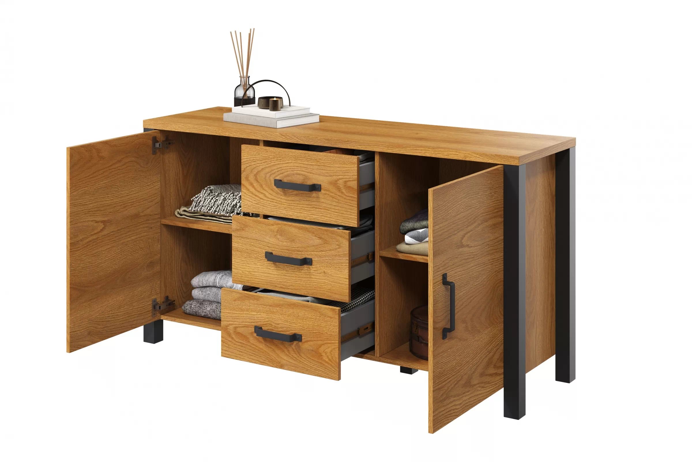 Komoda Olin 26 150 cm so zásuvkami - Dub karmelowy / Čierny supermat - ponuka Limitowana Komoda Olin 26 150 cm so zásuvkami - Dub karmelowy / Čierny supermat