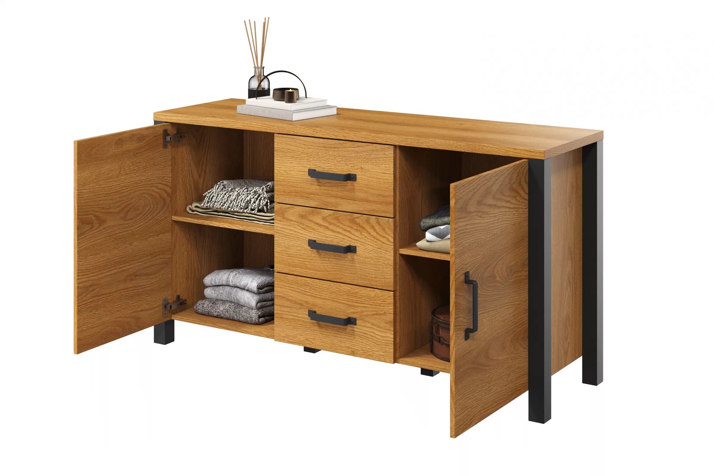 Komoda Olin 26 150 cm so zásuvkami - Dub karmelowy / Čierny supermat - ponuka Limitowana Komoda Olin 26 150 cm so zásuvkami - Dub karmelowy / Čierny supermat