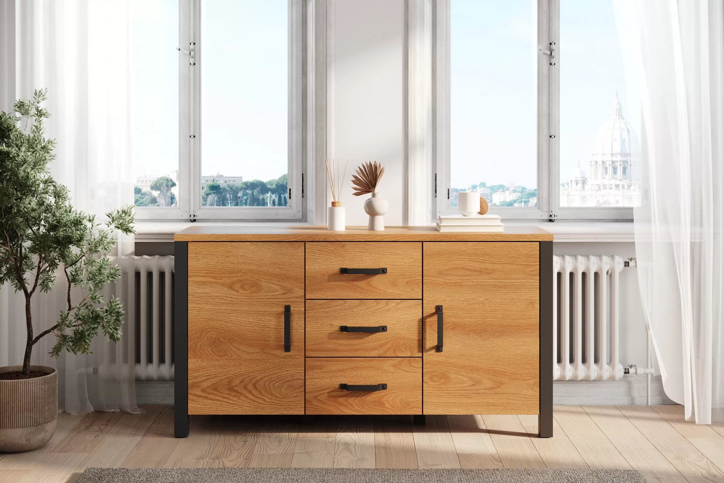 Komoda Olin 26 150 cm so zásuvkami - Dub karmelowy / Čierny supermat - ponuka Limitowana Komoda Olin 26 150 cm so zásuvkami - Dub karmelowy / Čierny supermat