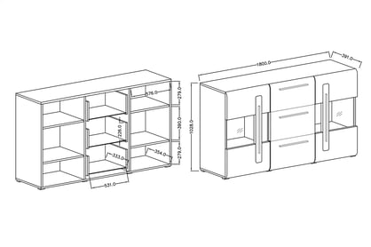 Komoda Tulsa 28 prosklená se zásuvkami 180 cm - bílá / bílý lesk Komoda prosklená dvoudveřová se třemi  zásuvkami Tulsa 28 - Bílá / bílý lesk - Rozměry