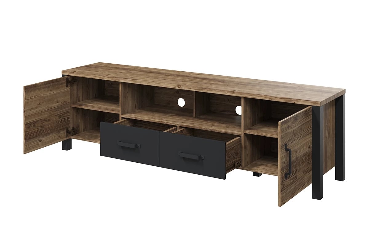 TV stolík Olin 40 s otvorenou policou 192 cm - appenzeller fichte / čierny mat Komoda TV 200 cm