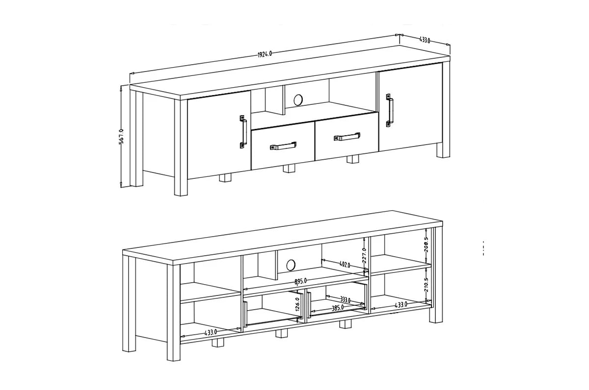 TV stolík Olin 40 s otvorenou policou 192 cm - appenzeller fichte / čierny mat Komoda TV veľká Olin 192 - appenzeller fichte / čierny mat - Rozmery
