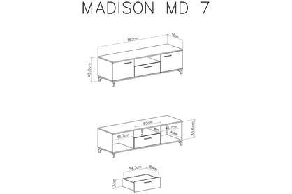 TV komoda Madison MD7 dvoudveřová s výklenkem a zásuvkou - bílá / dub piškotový Komoda RTV dvoudveřová s výklenkem a zásuvkou Madison MD7 - Bílý / dub piškotový - Rozměry