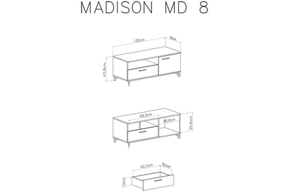 TV stolek Madison MD8 120 cm - černá / dub piškotový Komoda RTV jednodveřová s výklenkem a zásuvkou Madison MD8 - Černý / dub piškotový - Rozměry