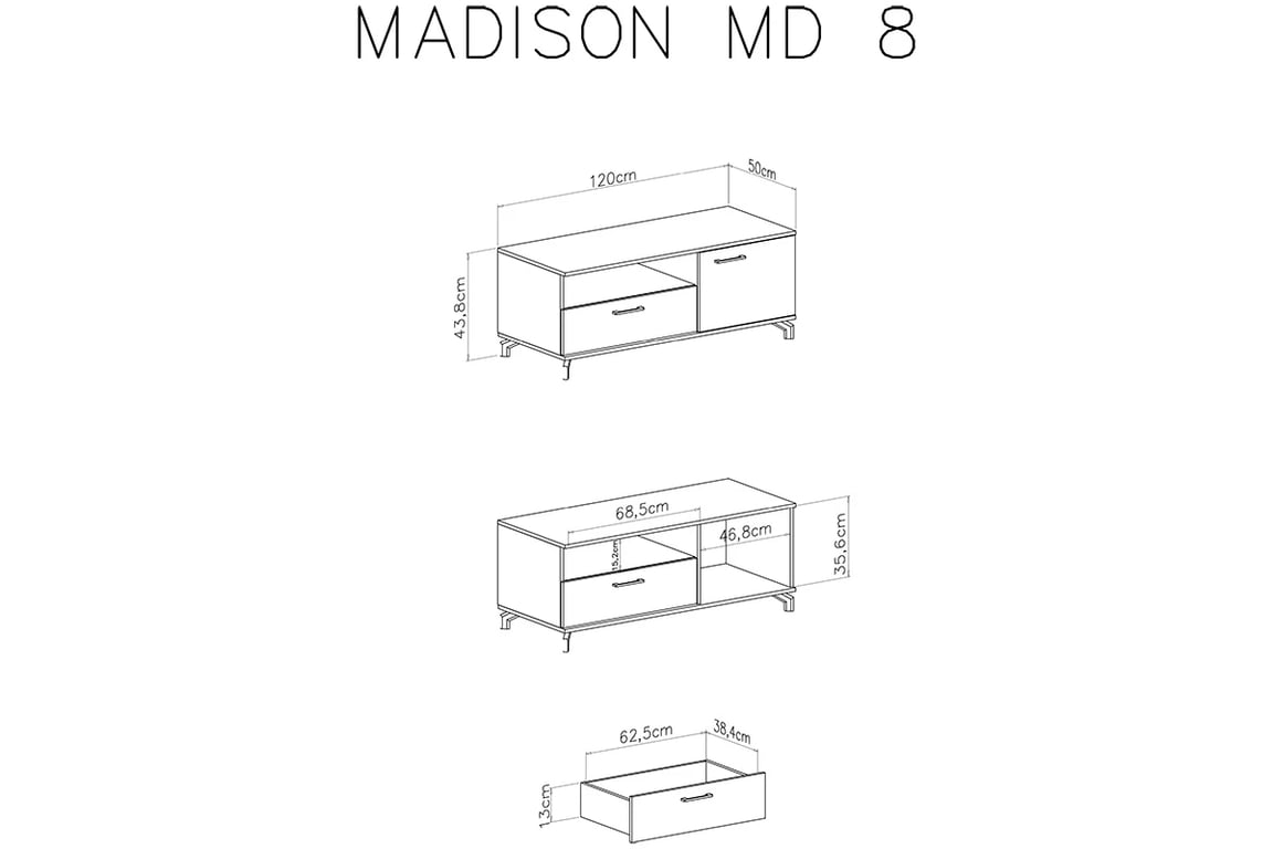 TV stolek Madison MD8 120 cm - černá / dub piškotový Komoda RTV jednodveřová s výklenkem a zásuvkou Madison MD8 - Černý / dub piškotový - Rozměry