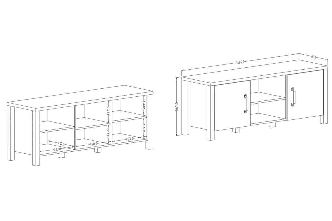 skříňka RTV Olin 41 z wnekami 147 cm - appenzeller fichte / černá mat Komoda pod televizor loft