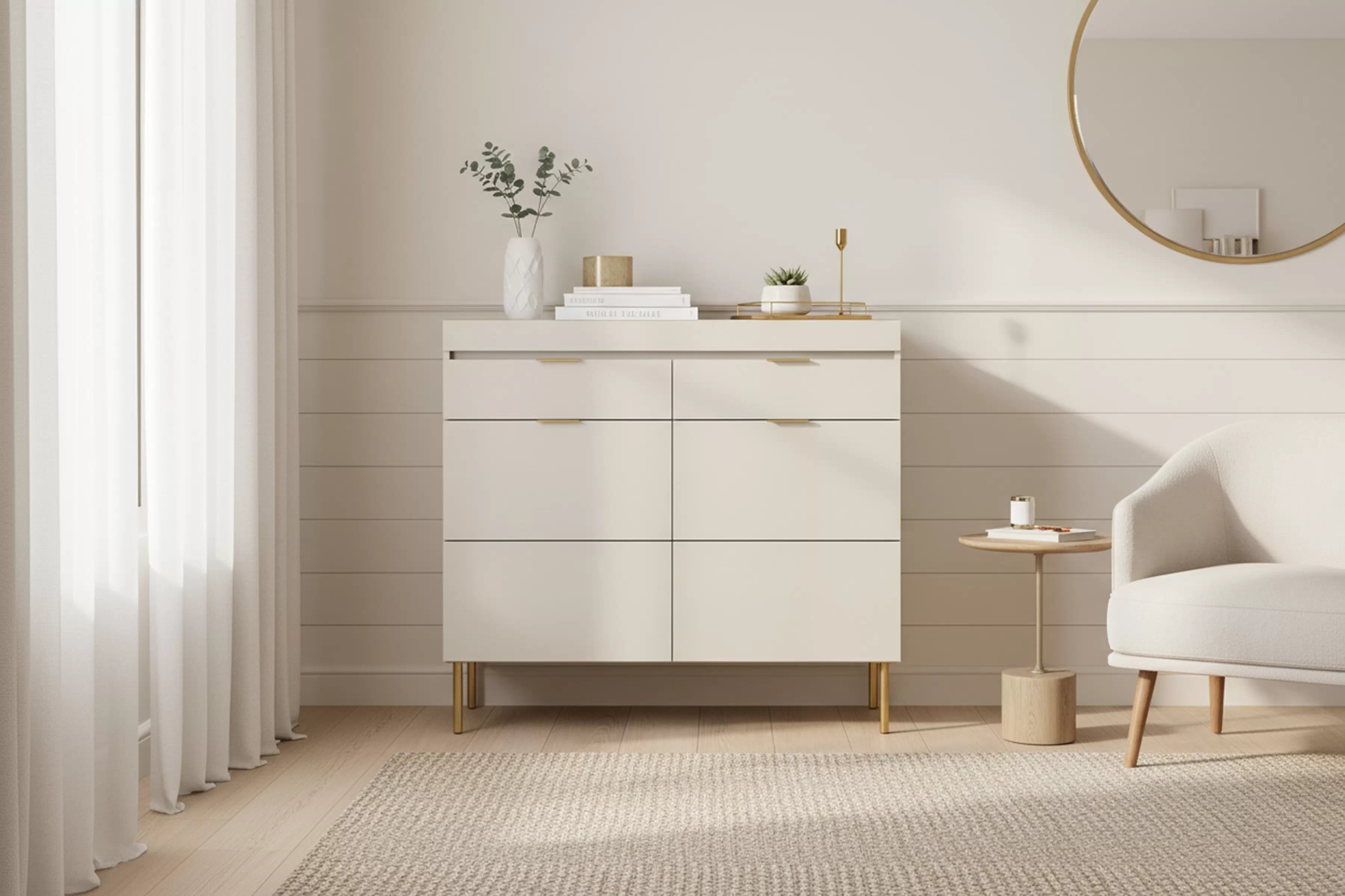 Komoda Sentia 105 cm s 2 zásuvkami - kašmírová / zlatá Komoda Sentia 105 dvojdverová s dvoma zásuvkami - kašmír / zlaté 