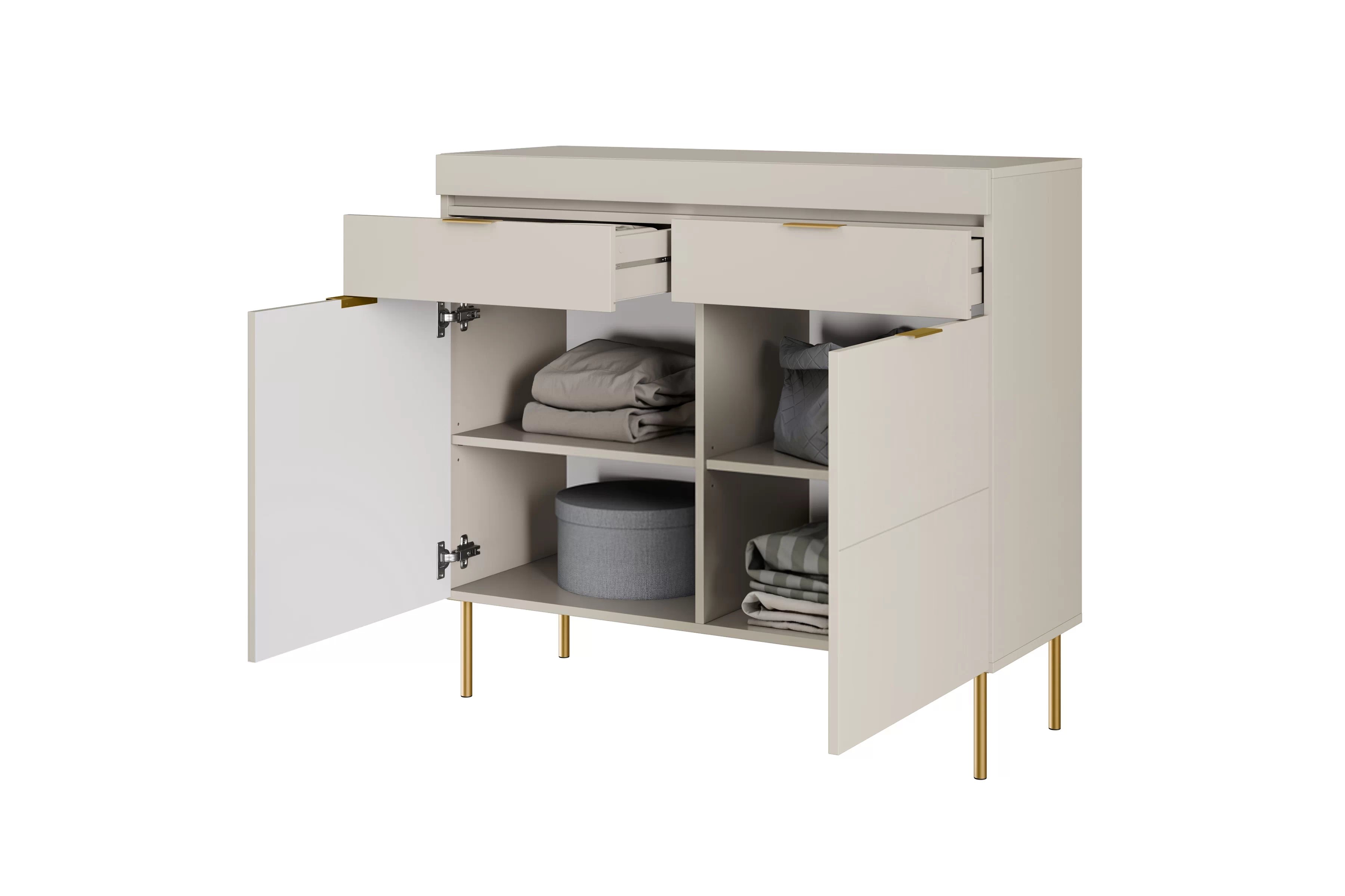 Komoda Sentia 105 cm s 2 zásuvkami - kašmírová / zlatá Komoda Sentia 105 dvojdverová s dvoma zásuvkami - kašmír / zlaté 