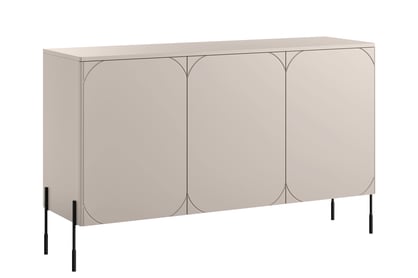 Moderní komoda Sonatia 150 cm třídveřová se čtyřmi skrytými zásuvkami - kašmír / černé nohy