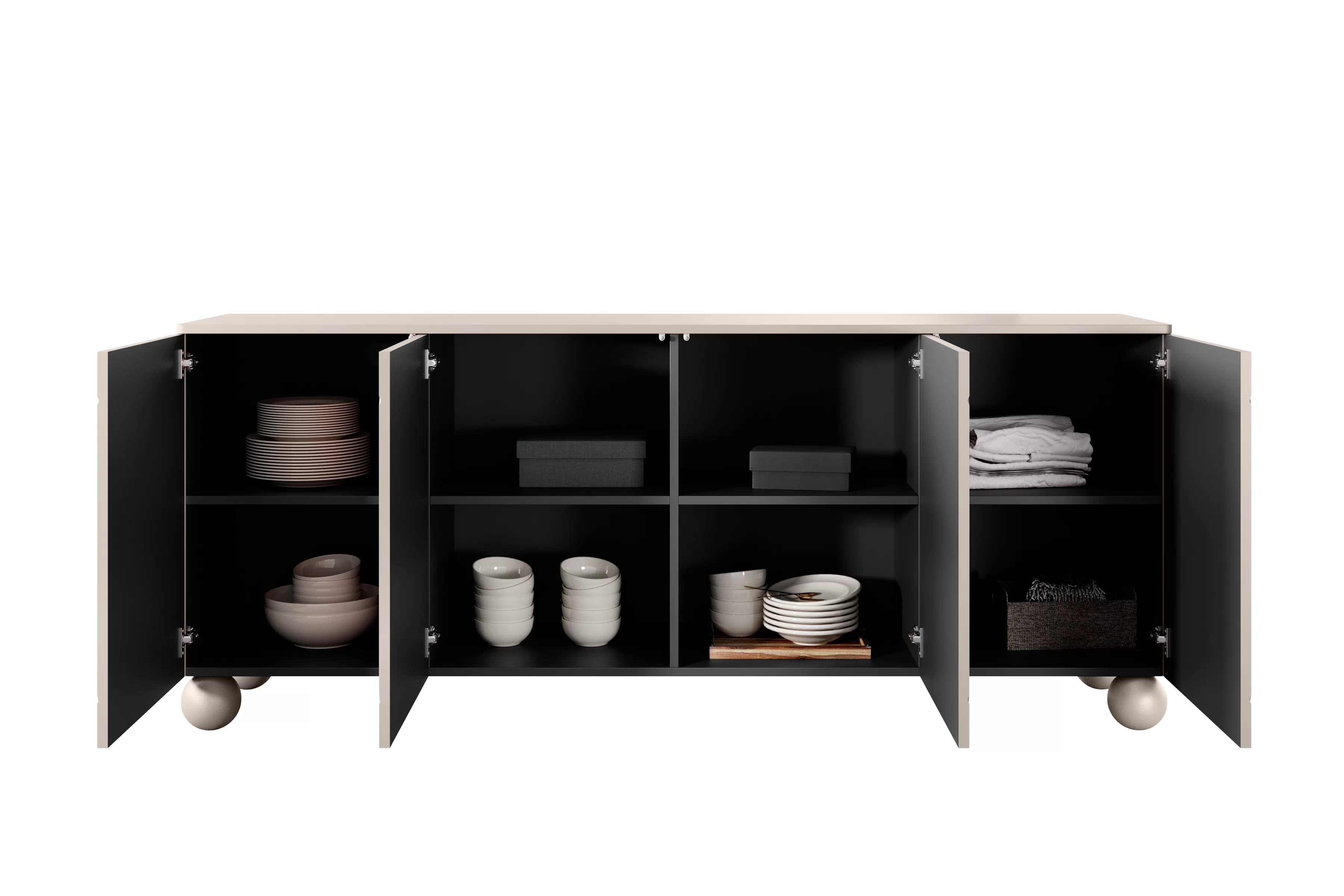 Kozmetická komoda Sonatia II 200 cm so štyrmi dverami - kasmír / guľové nohy Komoda Sonatia II 200 cm štvordverová na nogach kulach - kašmír