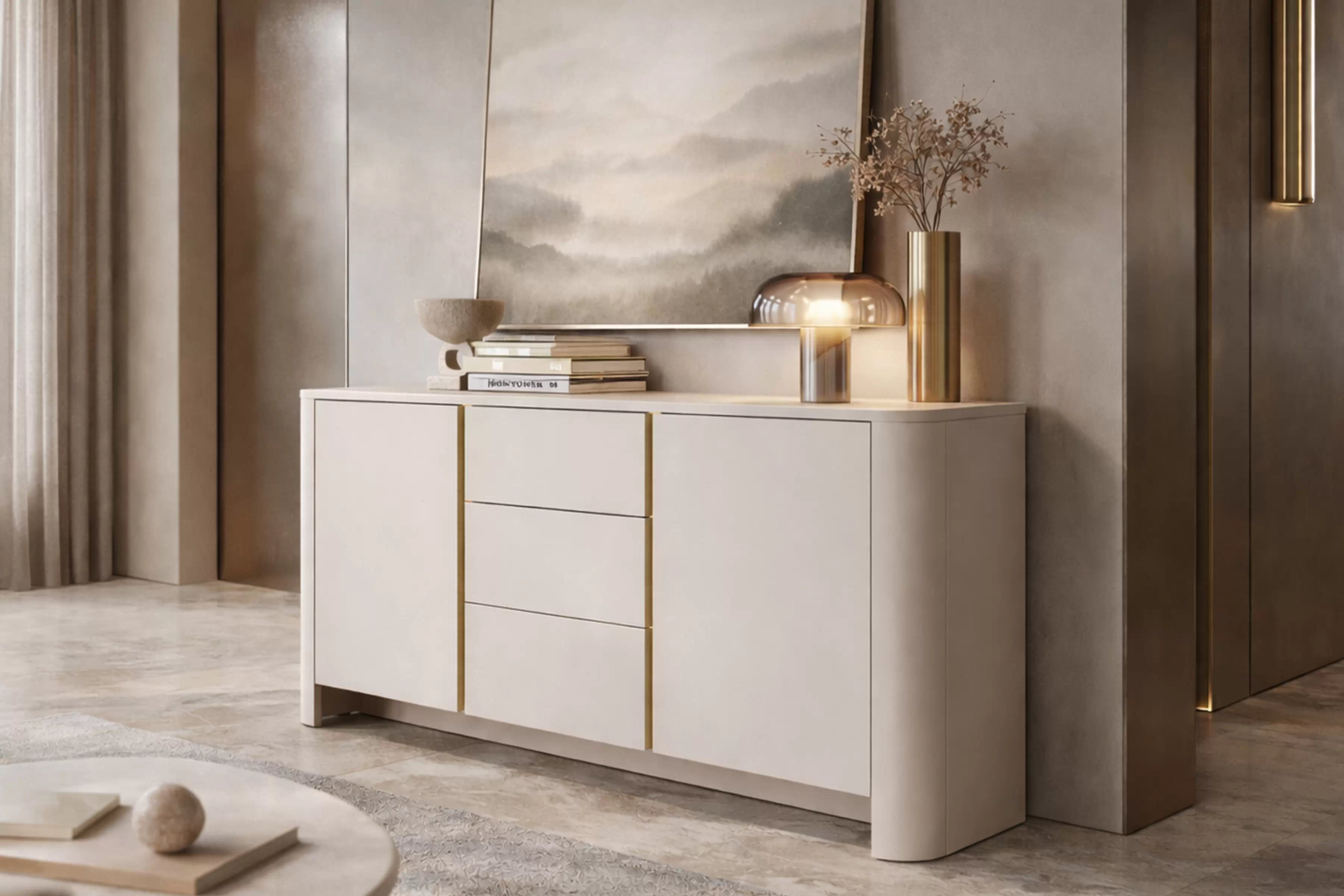 Komoda Sorrenti 168 cm se zásuvkami – kašmír / zlatá Komoda Sorrenti 168 cm se zásuvkami - kašmír / zlatá